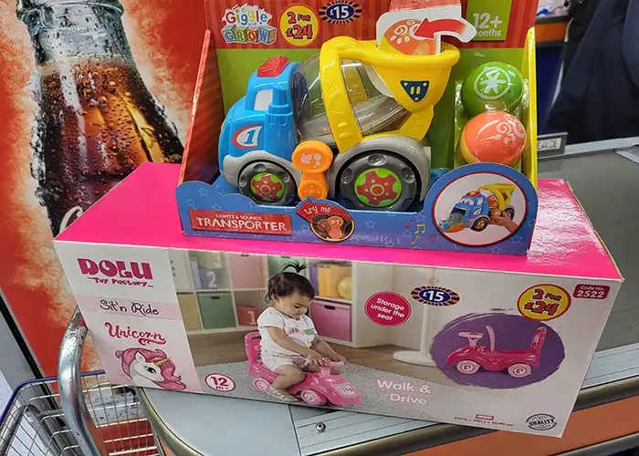 Kids ride-on unicorn and transporter toy set.